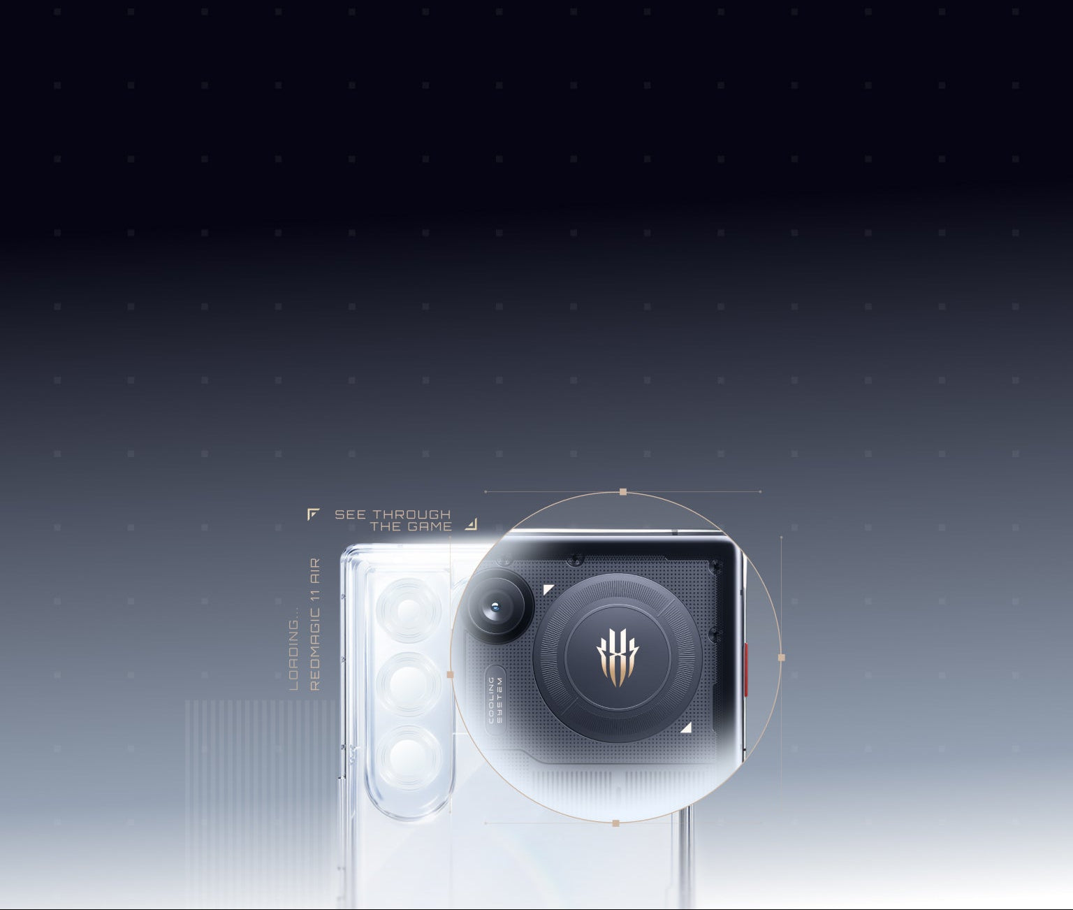 Smartphone with a transparent back cover displaying camera and branding on a gradient background