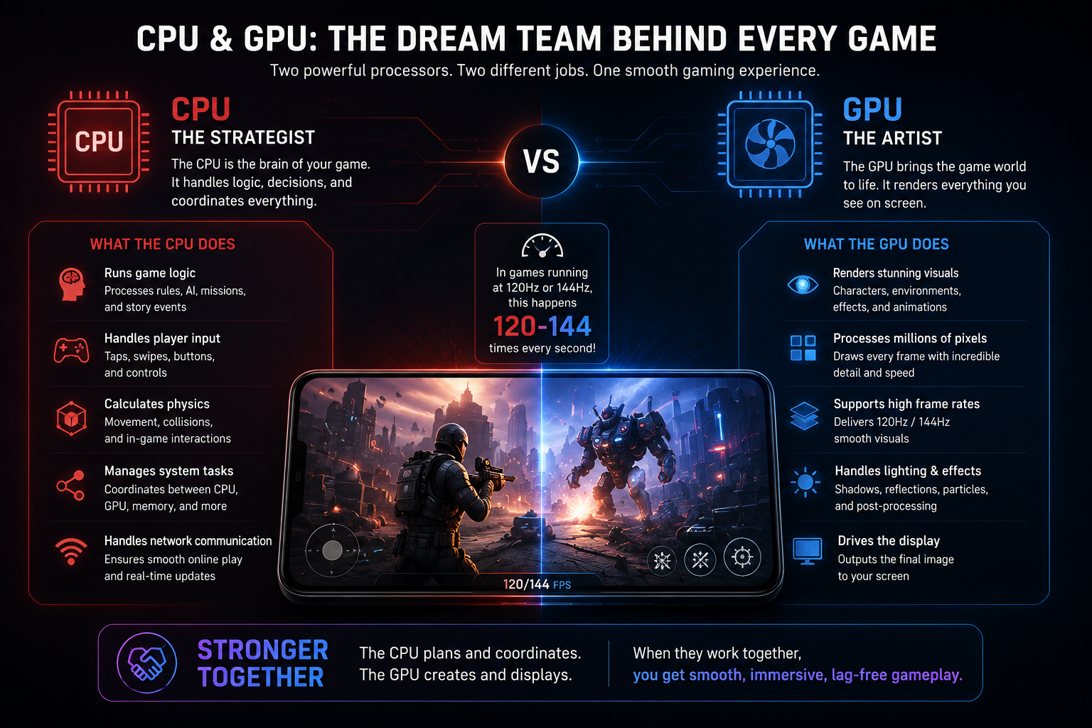 REDMAGIC gaming smartphone CPU and GPU infographic explaining smooth 144Hz mobile performance.
