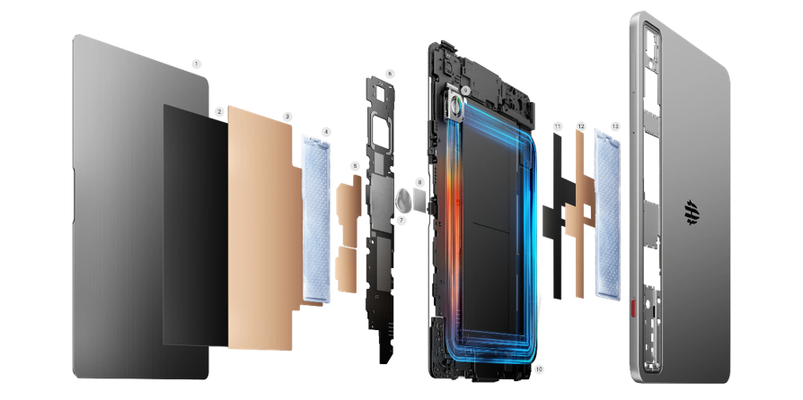 An exploded view of the REDMAGIC tablet showcasing its multi-layered internal cooling system architecture.