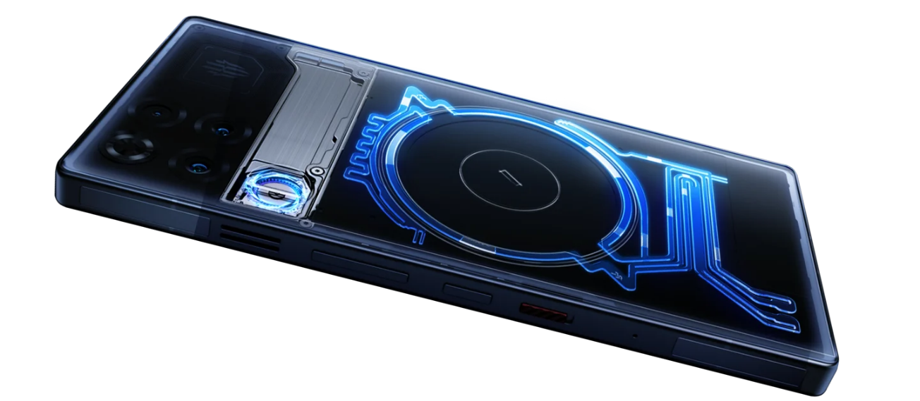 A transparent view of the REDMAGIC gaming smartphone highlighting its AquaCore liquid cooling system and built-in turbofan.