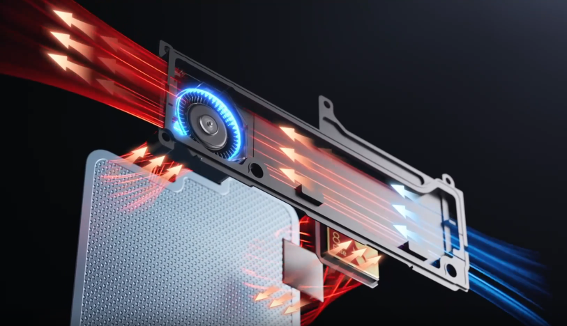 A 3D view of the REDMAGIC internal cooling system featuring a built-in turbofan and heat airflow.