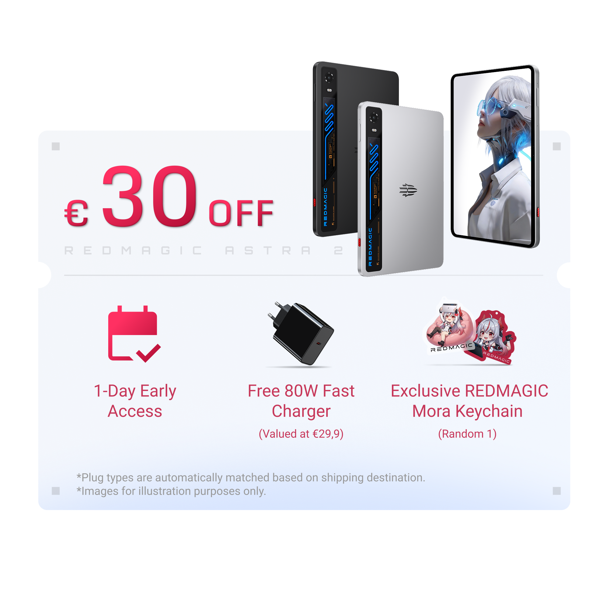 Promotional graphic for the REDMAGIC ASTRO 2 laptop, showing the silver and black laptop from multiple angles, a tablet screen mockup, a 80W fast charger, and text offering €30 off, 1-day early access, free 80W fast charger, and exclusive REDMAGIC Mora keychain.