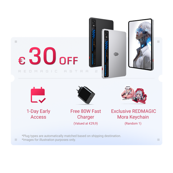 Promotional graphic for the REDMAGIC ASTRO 2 laptop, showing the silver and black laptop from multiple angles, a tablet screen mockup, a 80W fast charger, and text offering €30 off, 1-day early access, free 80W fast charger, and exclusive REDMAGIC Mora keychain.